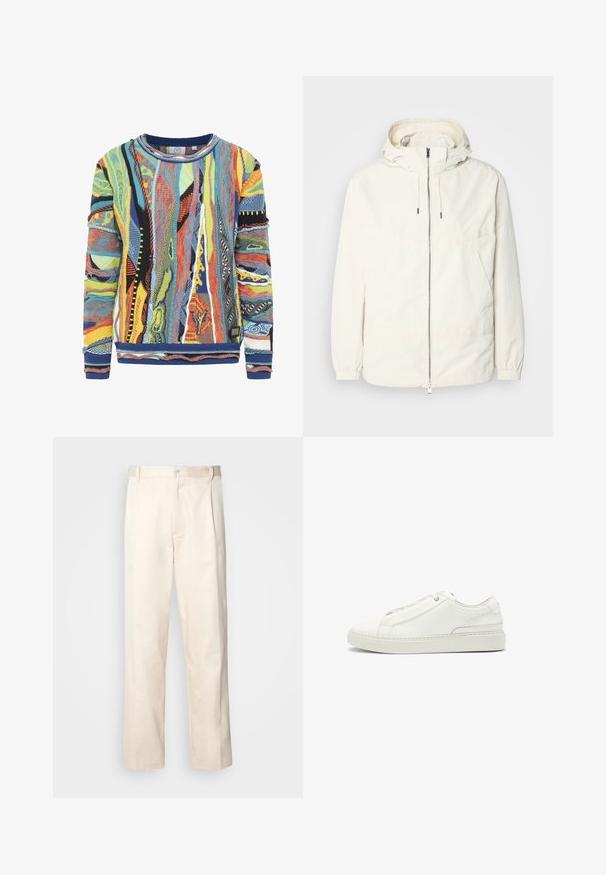 Lightweight, cream-colored jacket with a hood, zip front, elastic cuffs, and a kangaroo pocket. Smooth fabric with minimal stitching details.; Multicolored knit sweater featuring abstract patterns in blue, yellow, red, and black. Ribbed collar and cuffs, textured fabric.; Beige cotton trousers with a straight-leg cut, featuring a button closure and pleats at the front for added detail.; White leather sneaker featuring a textured upper, a round toe, minimalistic design, and a rubber sole with stitched detailing.