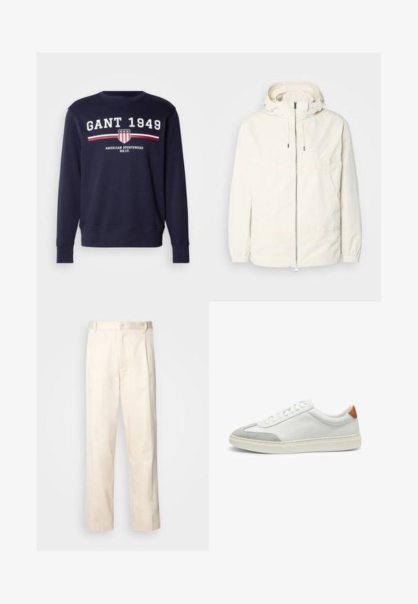Lightweight, cream-colored jacket with a hood, zip front, elastic cuffs, and a kangaroo pocket. Smooth fabric with minimal stitching details.; Navy blue sweatshirt made of cotton, featuring a crew neckline. Printed logo "GANT 1949" with shield and stripes in red and white.; Beige cotton trousers with a straight-leg cut, featuring a button closure and pleats at the front for added detail.; White leather sneakers with gray suede accents and a tan leather heel tab. Features a textured surface and lightweight sole.