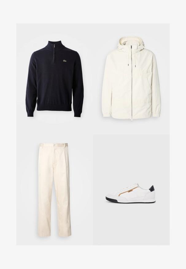 Lekka, kremowa kurtka z kapturem, zapinana na zamek, z elastycznymi mankietami i kieszenią typu kangur. Gładki materiał z minimalnymi detalami szwów.; Granatowy sweter z kołnierzem na zamek błyskawiczny do jednej czwartej, z prążkowanymi mankietami i dołem, wykonany z miękkiego materiału, z małym zielonym logo krokodyla na klatce piersiowej.; Beżowe bawełniane spodnie o prostym kroju nogawki, z zapięciem na guziki i plisami z przodu dla dodatkowego zdobienia.; Białe buty sportowe z siateczkowymi i skórzanymi akcentami. Posiadają złote logo "BOSS", teksturowane boczne panele i czapkę pięty w kolorze czarnym. Gumowa podeszwa.