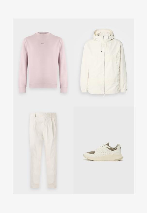 Gaisas, krēmkrāsas jaka ar kapuci, ar rāvējslēdzēju priekšpusē, elastīgām aprocēm un kangaroo kabatu. Gluda auduma virsma ar minimālām šuvju detaļām.; Gaiši rozā džemperis no mīksta auduma ar apaļu kakla izgriezumu un ribveida aprocēm. Uz krūtīm izšūts "BOSS" logotips līdzīgā rozā krāsā.; Baltas, pleitēts bikses ar piegriezumu, kas pielāgots figūrai, ar gludu tekstūru, jostas cilpām un sašaurinātiem galiem. Nav redzamu kabatu vai rakstu.; Baltas un gaiši bež sporta apavi, ar sieta augšdaļu, perforētiem detaļām un teksturētu vidusdaļu ar zīmolu uz papēža.