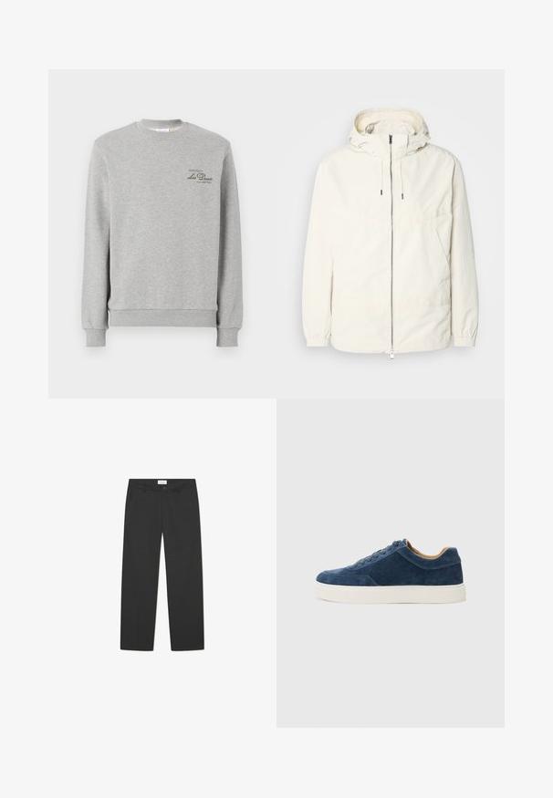 Kerge, kreemivärvi jakk, kapuutsiga, lukuga ees, elastsete mansettide ja känguru taskuga. Sile kangas minimaalsete õmblusdetailidega.; Halluxhall udune pehmeast puuvilla segust, millel on ümar kaelus, ribbed varrukad ja väike tume roheline logo rinnal.; Kergedest materjalist mustad püksid. Omavad sirget jala kujundust, lamedat eesmist osa, küljetaskuid ja diskreetset vööosa.; Sinine sametist tennis, millel on valge kummist tall, nööbid, ümar varvas ja kontrastne pruuni siseosa. Peened õmblusdetailid.