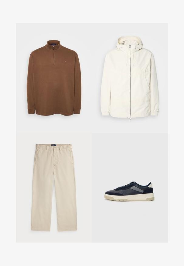 Gaisas, krēmkrāsas jaka ar kapuci, ar rāvējslēdzēju priekšpusē, elastīgām aprocēm un kangaroo kabatu. Gluda auduma virsma ar minimālām šuvju detaļām.; Brūns garais piedurknes polo krekls ar augstu apkakli, kuram ir ceturtdaļas rāvējslēdzis. Mīksta tekstūra ar mazu logo akcentu uz krūtīm.; Bežī kokvilnas chinos ar taisnu kāju dizainu, ar pogu aizdari un divām priekšējām kabatām. Gluda tekstūra un vienkrāsains.; BOSS BALTIMORE - Sporta apavi - open blue