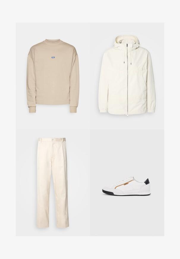 Lehká, krémově zbarvená bunda s kapucí, zipem vpředu, elastickými manžetami a klokaní kapsou. Hladká látka s minimem švových detailů.; Beige mikina s kulatým výstřihem, žebrovanými manžetami a malým modrým obdélníkovým logem našitým na hrudi. Měkká textura.; Bežové bavlněné kalhoty se střihy rovného nohavice, s knoflíkovým zapínáním a záhyby vpředu pro zvýraznění detailu.; Bílé sportovní boty s akcenty z meshe a kůže. Mají zlaté logo "BOSS", texturované boční panely a černý podpatek. Gumová podrážka.