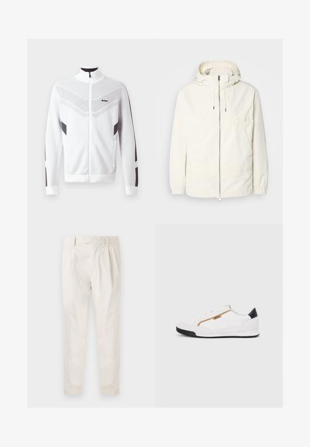 Lehká, krémově zbarvená bunda s kapucí, zipem vpředu, elastickými manžetami a klokaní kapsou. Hladká látka s minimem švových detailů.; Bílá zipová bunda s vysokým límcem, zdobená texturovaným vzorem a tmavě šedými akcenty na rukávech a stranách. Logo na prsou.; Bílé, plisované kalhoty s upraveným střihem, které mají hladkou texturu, poutka na opasek a zúžené nohavice. Bez viditelných kapes nebo vzorů.; Bílé sportovní boty s akcenty z meshe a kůže. Mají zlaté logo "BOSS", texturované boční panely a černý podpatek. Gumová podrážka.