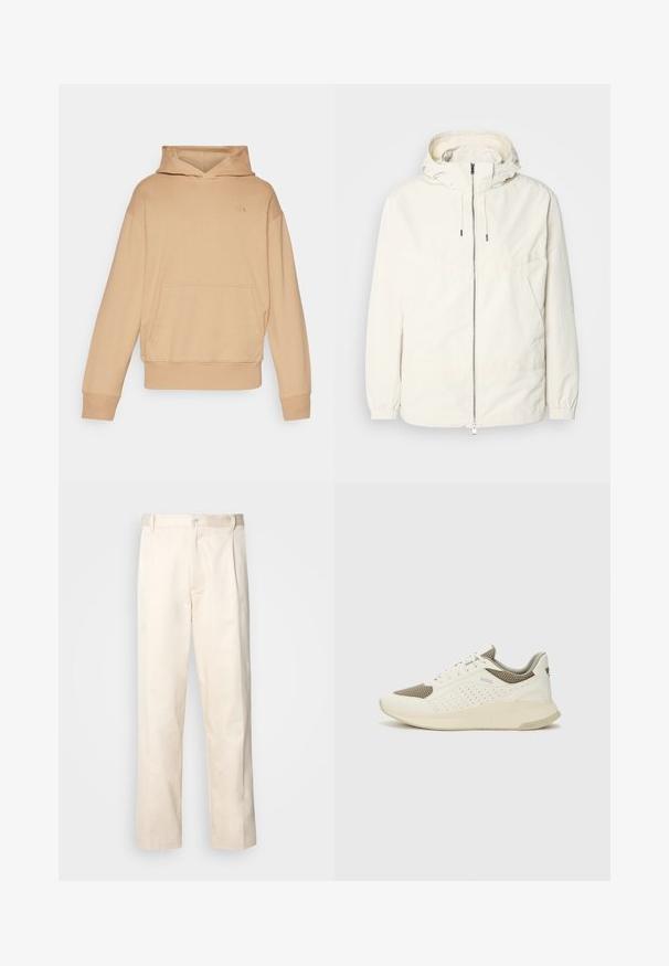 Gaisas, krēmkrāsas jaka ar kapuci, ar rāvējslēdzēju priekšpusē, elastīgām aprocēm un kangaroo kabatu. Gluda auduma virsma ar minimālām šuvju detaļām.; Beige kapuces džemperis, izgatavots no mīkstas auduma, ar priekšējo kabatu un ribotām piedurknēm, ar mazu logo kreisajā krūšu pusē.; Bežā krāsā auduma bikses ar taisnu kāju griezumu, pievienotām pogu aizdares un priekšējiem krokām papildu detaļām.; Baltas un gaiši bež sporta apavi, ar sieta augšdaļu, perforētiem detaļām un teksturētu vidusdaļu ar zīmolu uz papēža.
