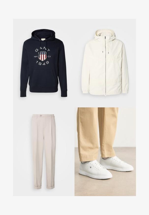 Chaqueta ligera de color crema con capucha, cierre de cremallera en la parte delantera, puños elásticos y un bolsillo tipo canguro. Tejido suave con detalles de costura mínimos.; Sudadera con capucha de color azul marino, hecha de algodón, con un bolsillo tipo canguro en la parte delantera. Presenta un diseño gráfico de un escudo con estrellas y franjas.; Pantalones beige de tela suave, con corte recto, pliegue sencillo y puños enrollados. Incluyen un cierre frontal con botones.; Zapatillas de cuero blanco con un acabado suave, con puntera redonda, diseño de cordones y un sutil detalle del logo en el lateral, combinadas con pantalones beige.
