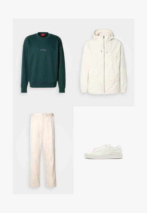 Lightweight, cream-colored jacket with a hood, zip front, elastic cuffs, and a kangaroo pocket. Smooth fabric with minimal stitching details.; Dark green sweatshirt made of soft fabric, featuring a crew neck, ribbed cuffs, and a small "Hugo" logo embroidered on the front.; Beige cotton trousers with a straight-leg cut, featuring a button closure and pleats at the front for added detail.; White leather sneaker featuring a textured upper, a round toe, minimalistic design, and a rubber sole with stitched detailing.