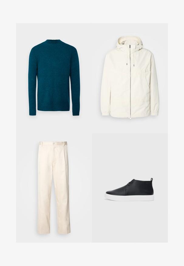 Lightweight, cream-colored jacket with a hood, zip front, elastic cuffs, and a kangaroo pocket. Smooth fabric with minimal stitching details.; DRYKORN ZAYN - Jumper - green; Beige cotton trousers with a straight-leg cut, featuring a button closure and pleats at the front for added detail.; Black leather high-top sneakers with a smooth finish, white rubber sole, and simple lace-up design. Features a pull tab at the back.