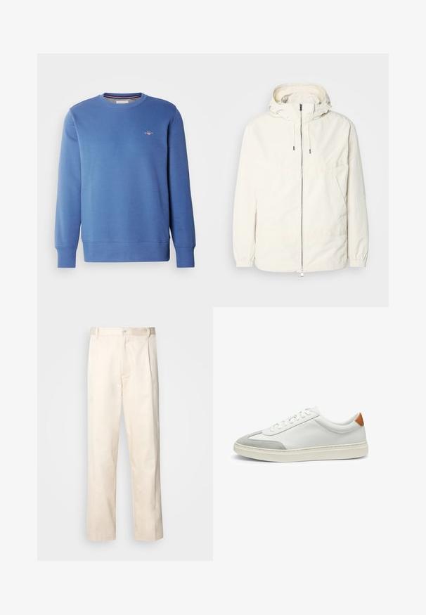 Lightweight, cream-colored jacket with a hood, zip front, elastic cuffs, and a kangaroo pocket. Smooth fabric with minimal stitching details.; GANT SHIELD C NECK - Sweatshirt - vintage blue; Beige cotton trousers with a straight-leg cut, featuring a button closure and pleats at the front for added detail.; White leather sneakers with gray suede accents and a tan leather heel tab. Features a textured surface and lightweight sole.