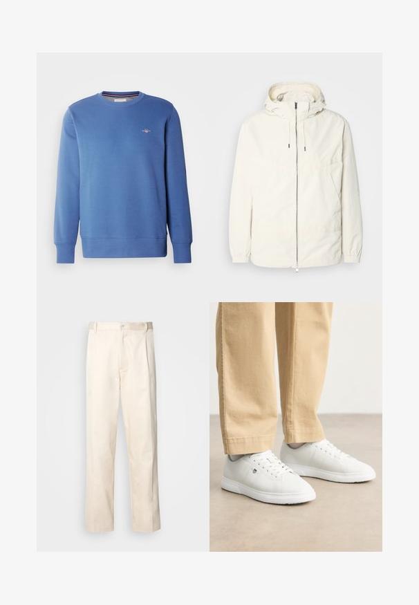 Lightweight, cream-colored jacket with a hood, zip front, elastic cuffs, and a kangaroo pocket. Smooth fabric with minimal stitching details.; GANT SHIELD C NECK - Sweatshirt - vintage blue; Beige cotton trousers with a straight-leg cut, featuring a button closure and pleats at the front for added detail.; White leather sneakers with a smooth finish, featuring round toe, lace-up design, and subtle logo detail on the side, paired with beige pants.