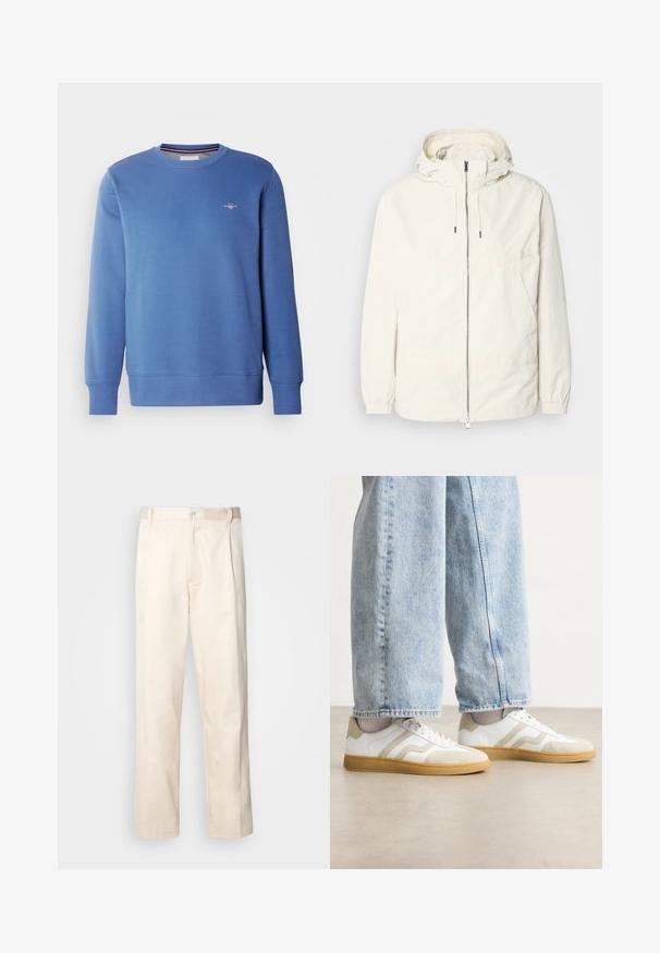 Gaisas, krēmkrāsas jaka ar kapuci, ar rāvējslēdzēju priekšpusē, elastīgām aprocēm un kangaroo kabatu. Gluda auduma virsma ar minimālām šuvju detaļām.; GANT SHIELD C NECK - Ikdienas džemperis - vintage blue; Bežā krāsā auduma bikses ar taisnu kāju griezumu, pievienotām pogu aizdares un priekšējiem krokām papildu detaļām.; Baltas sporta apavi ar bežām zamšādām akcentiem un gaišiem gumijas zoliņām; iekļauj zemu topa dizainu un teksturētu detaļām augšdaļā.