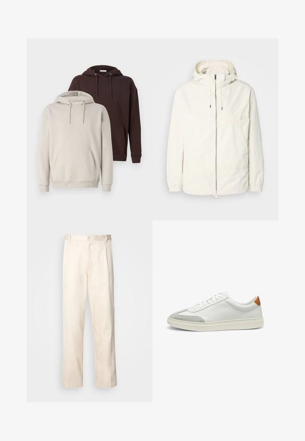 Lightweight, cream-colored jacket with a hood, zip front, elastic cuffs, and a kangaroo pocket. Smooth fabric with minimal stitching details.; Two hooded sweatshirts: one beige and one dark brown. Both feature a kangaroo pocket, adjustable drawstrings, and ribbed cuffs.; Beige cotton trousers with a straight-leg cut, featuring a button closure and pleats at the front for added detail.; White leather sneakers with gray suede accents and a tan leather heel tab. Features a textured surface and lightweight sole.