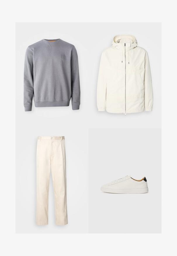 Ľahká, krémová bunda s kapucňou, zipsom vpredu, elastickými manžetami a klokannou vreckom. Hladká tkanina s minimálnymi stehovými detailmi.; Sivý sveter s okrúhlym výstrihom, vyrobený z jemného materiálu. Obsahuje rebrované manžety, lem a malú nášivku loga na hrudi. Hladká štruktúra.; Béžové bavlnené nohavice so strihom rovného nohu, s gombíkovým zapínaním a záhybmi vpredu pre pridanie detailu.; Biele tenisky s hladkým koženým zvrškom, okrúhlou špičkou a plochou podrážkou. Čierny detail na päte, s tonálnym viazaním a minimálnym brandingom.