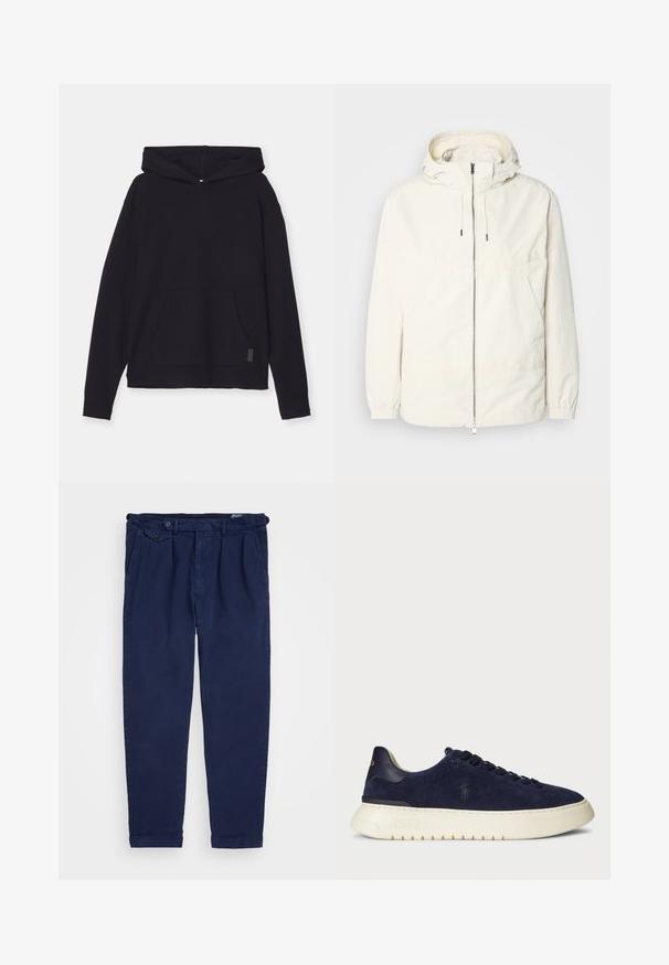 Ľahká, krémová bunda s kapucňou, zipsom vpredu, elastickými manžetami a klokannou vreckom. Hladká tkanina s minimálnymi stehovými detailmi.; Čierna mikina s kapucňou vyrobená z mäkkého materiálu. Má predné vrecko, spadnuté ramená a rebrované manžety. Jednoduchý, ležérny dizajn.; Námořnické chinos vyrobené z bavlny, s rovnoměrným střihem, předními sklady, zapínáním na knoflík a ohrnutými manžetami. Hladká textura s minimálním designem.; Námořnické semišové nízké tenisky s texturovaným povrchem, gumovou podrážkou a tónovými tkaničkami, přičemž na boku a patě je malé logo.