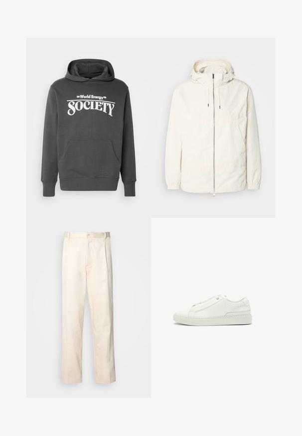 Lightweight, cream-colored jacket with a hood, zip front, elastic cuffs, and a kangaroo pocket. Smooth fabric with minimal stitching details.; Gray hoodie made of soft material featuring a front pocket, ribbed cuffs, and "World Energy Society" printed in white text on the chest.; Beige cotton trousers with a straight-leg cut, featuring a button closure and pleats at the front for added detail.; White leather sneaker featuring a textured upper, a round toe, minimalistic design, and a rubber sole with stitched detailing.