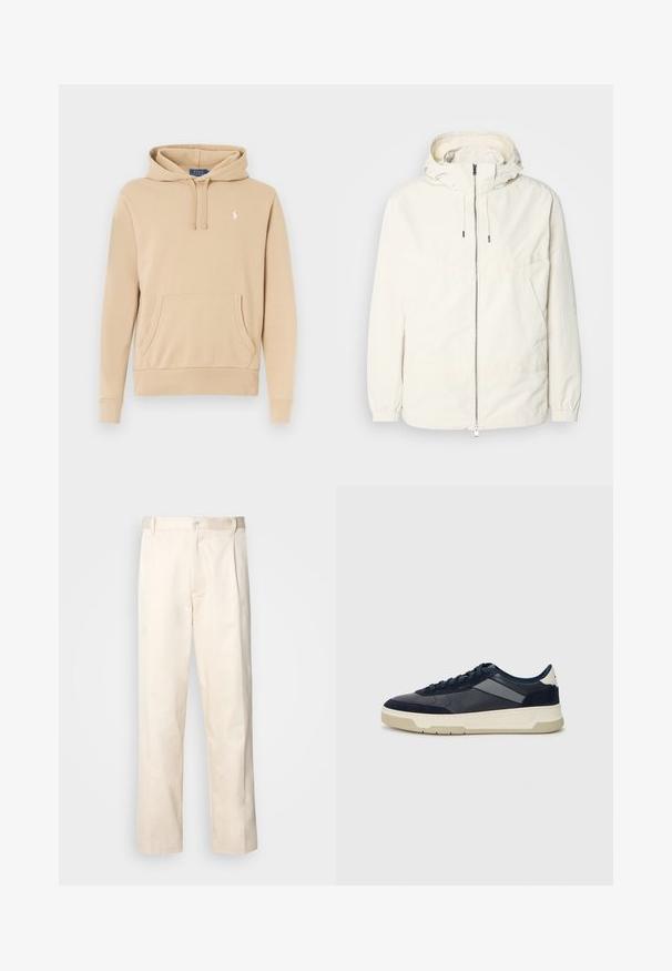 Ľahká, krémová bunda s kapucňou, zipsom vpredu, elastickými manžetami a klokannou vreckom. Hladká tkanina s minimálnymi stehovými detailmi.; Béžová mikina s kapucňou z jemného materiálu, s vreckom kangaroo vpredu, rebrovanými manžetami a malým vyšívaným logom na hrudi.; Béžové bavlnené nohavice so strihom rovného nohu, s gombíkovým zapínaním a záhybmi vpredu pre pridanie detailu.; BOSS BALTIMORE - Tenisky - open blue