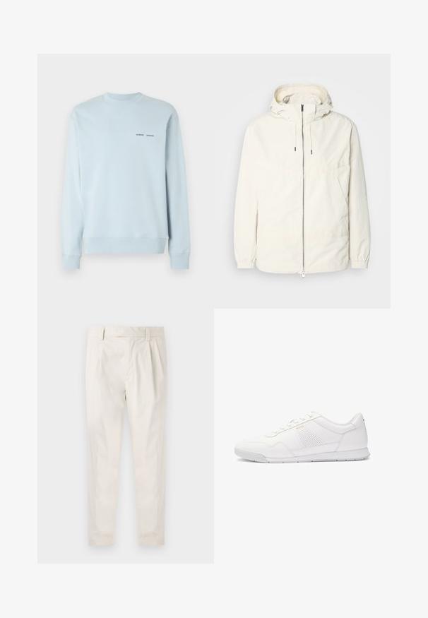 Lightweight, cream-colored jacket with a hood, zip front, elastic cuffs, and a kangaroo pocket. Smooth fabric with minimal stitching details.; Light blue sweatshirt made of cotton blend, featuring a ribbed neckline and cuffs. Two small black brand logos near the chest.; White, pleated trousers with a tailored fit, featuring a smooth texture, belt loops, and tapered legs. No visible pockets or patterns.; White sneaker with a smooth leather upper, perforated accents, a padded collar, and a rubber sole. Features branding in gold on the side.
