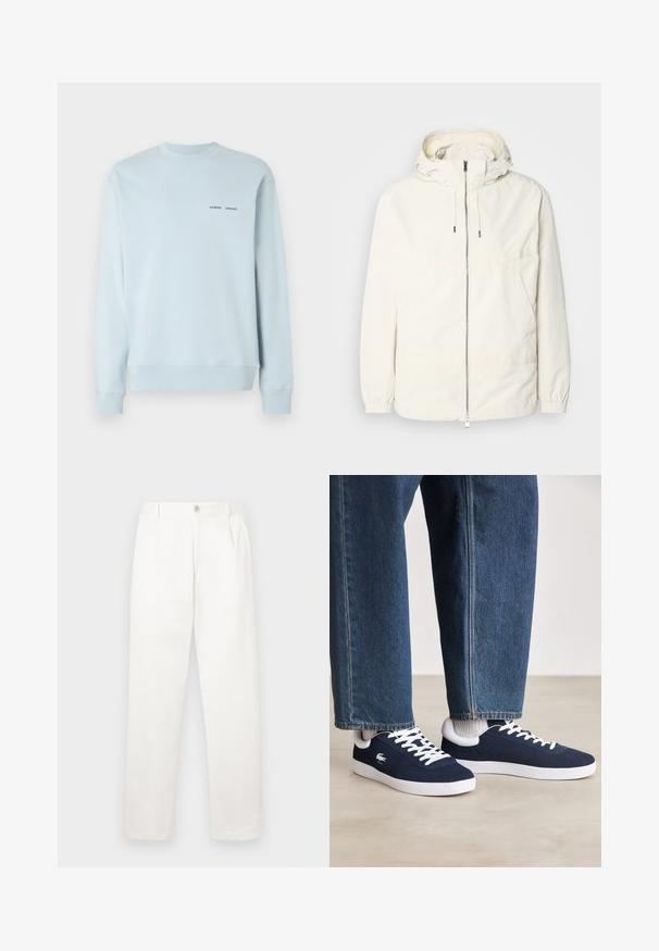 Chaqueta ligera de color crema con capucha, cierre de cremallera en la parte delantera, puños elásticos y un bolsillo tipo canguro. Tejido suave con detalles de costura mínimos.; Sudadera de color azul claro hecha de una mezcla de algodón, con cuello y puños acanalados. Dos pequeños logotipos de la marca en negro cerca del pecho.; Pantalones blancos hechos de una tela suave, con un diseño de pierna recta, pliegues en la parte frontal y un cierre de botón en la cintura.; Zapatillas de lona azules con cordones blancos y suelas de goma, mostradas con pantalones de mezclilla y calcetines de canalé grises, sobre una superficie gris claro.