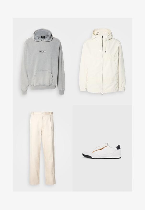 Ľahká, krémová bunda s kapucňou, zipsom vpredu, elastickými manžetami a klokannou vreckom. Hladká tkanina s minimálnymi stehovými detailmi.; Svetlošedá mikina s kapucňou, predným vreckom, rebrovanými manžetami a lemovaním; na hrudi sa nachádza čierne potlačené logo "mnc". Materiál: bavlna.; Béžové bavlnené nohavice so strihom rovného nohu, s gombíkovým zapínaním a záhybmi vpredu pre pridanie detailu.; Biele športové topánky s akcentmi z korku a kože. Obsahujú zlaté logo "BOSS", textúrované bočné panely a čierny pätník. Gumová podrážka.