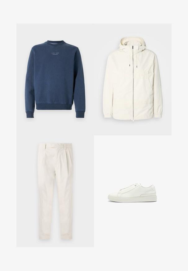 Giacca leggera di colore crema con cappuccio, chiusura frontale con zip, polsini elastici e tasca a marsupio. Tessuto liscio con dettagli di cucitura minimi.; Felpa blu navy realizzata in cotone testurizzato. Presenta un collo rotondo, maniche lunghe e polsini a coste. Logo visibile sul petto.; Pantaloni bianchi plissettati con taglio su misura, caratterizzati da una texture liscia, passanti per la cintura e gambe affusolate. Nessuna tasca o motivo visibile.; Sneaker bianca in pelle con tomaia testurizzata, punta tonda, design minimalista e suola in gomma con dettagli cuciti.