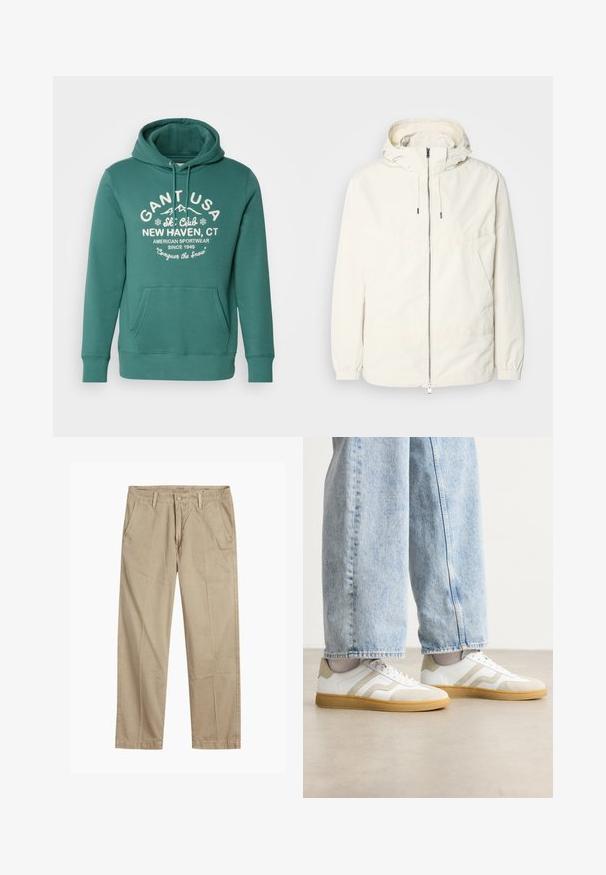 Ľahká, krémová bunda s kapucňou, zipsom vpredu, elastickými manžetami a klokannou vreckom. Hladká tkanina s minimálnymi stehovými detailmi.; Zelená mikina s kapucňou vyrobená z mäkkého materiálu, s prednou kapsou, sťahovacou kapucňou a bielym textom s logom a detailmi lyžiarskeho klubu.; Béžové chinos nohavice rovného strihu s pútkami na opasok, predným gombíkom a zipsom, a šikmými prednými vreckami.; Biele tenisky s béžovými semišovými akcentmi a svetlými gumovými podrážkami; majú nízky dizajn a štruktúrované detaily na vrchnej časti.