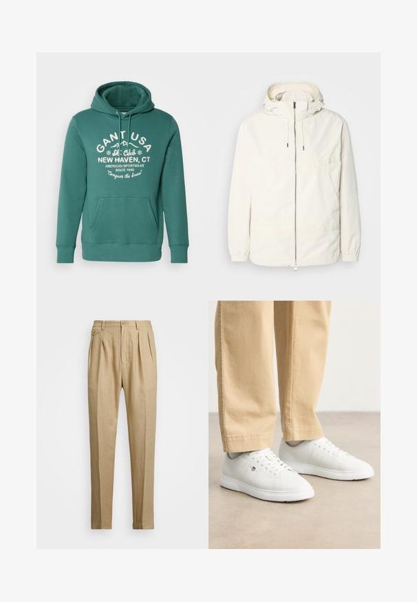 Könnyű, tejszínszínű dzseki kapucnival, cipzáras elülső résszel, rugalmas mandzsettákkal és kenguruzsebbel. Simaszerű anyag minimális varrási részletekkel.; Zöld kapucnis pulóver puha anyagból, elülső zsebbel, húzózsinórral ellátott kapucnival, és fehér szöveggel, amely síklub logóját és részleteit tartalmazza.; Beige vászon nadrág egyenes szabással, két első redővel, gombos záródással és oldalzsebekkel. Tömör textúrájú anyag sima felülettel.; Fehér bőr sportcipők sima felülettel, kerek orral, fűzős kivitelben, oldalt diszkrét logóval, bézs nadrággal párosítva.