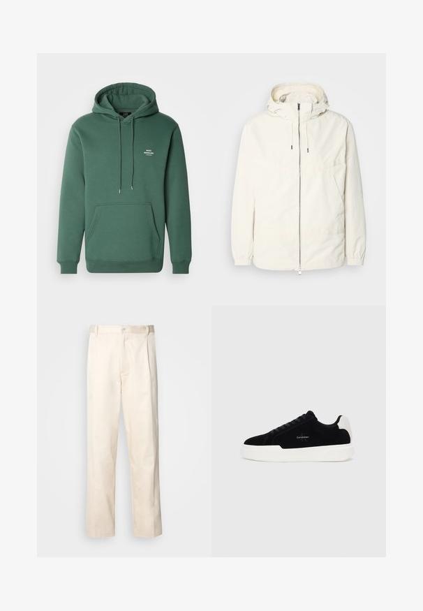 Lehká, krémově zbarvená bunda s kapucí, zipem vpředu, elastickými manžetami a klokaní kapsou. Hladká látka s minimem švových detailů.; Zelená mikina s kapucí vyrobená z měkkého materiálu, s přední kapsou, šňůrkami a malým bílým logem na hrudi. Klasický střih a žebrované manžety.; Bežové bavlněné kalhoty se střihy rovného nohavice, s knoflíkovým zapínáním a záhyby vpředu pro zvýraznění detailu.; Černé nízké tenisky s bílou podrážkou a patou, šněrování v přední části a logo Calvin Klein na boku.