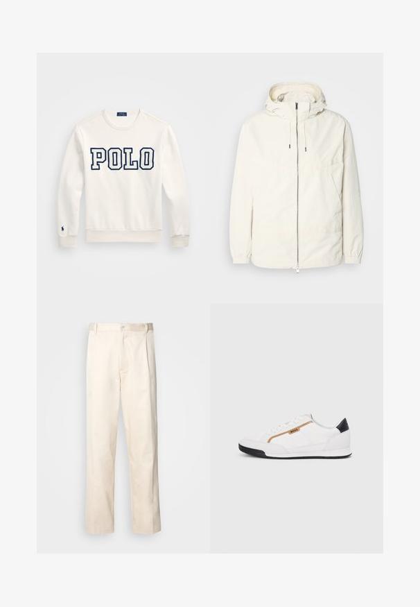 Lightweight, cream-colored jacket with a hood, zip front, elastic cuffs, and a kangaroo pocket. Smooth fabric with minimal stitching details.; White sweatshirt with "POLO" in navy blue block letters, round neckline, long sleeves, ribbed cuffs and hem, featuring a small logo on the left sleeve.; Beige cotton trousers with a straight-leg cut, featuring a button closure and pleats at the front for added detail.; White athletic shoes with mesh and leather accents. Features a gold "BOSS" logo, textured side panels, and a black heel cap. Rubber sole.
