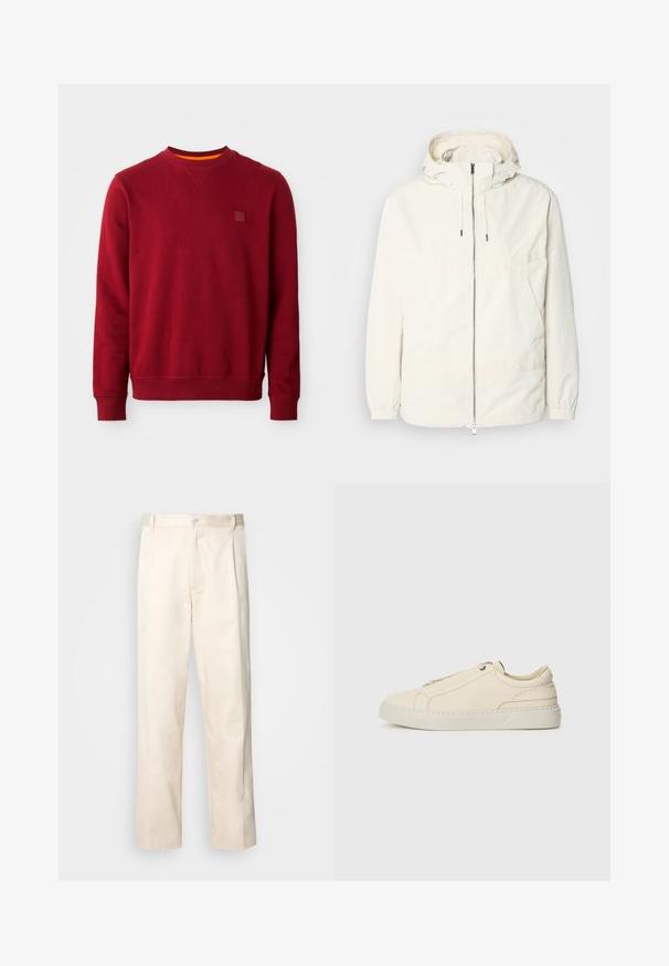 Giacca leggera di colore crema con cappuccio, chiusura frontale con zip, polsini elastici e tasca a marsupio. Tessuto liscio con dettagli di cucitura minimi.; Felpa rossa realizzata in tessuto morbido, con scollatura a girocollo, polsini a coste e una toppa logo quadrata sul lato sinistro del petto.; Pantaloni in cotone beige con taglio dritto, dotati di chiusura a bottone e pence sul davanti per un tocco di dettaglio in più.; Sneaker in pelle beige con punta arrotondata, design minimalista, dettagli di cucitura sottili e una parte superiore testurizzata, su una suola chiara.