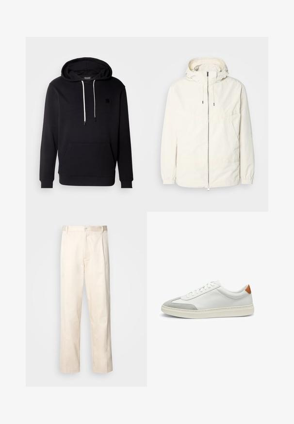 Giacca leggera di colore crema con cappuccio, chiusura frontale con zip, polsini elastici e tasca a marsupio. Tessuto liscio con dettagli di cucitura minimi.; Felpa nera in tessuto morbido con tasca a kangaroo sul davanti, cappuccio regolabile con lacci e piccolo logo nero sulla parte anteriore.; Pantaloni in cotone beige con taglio dritto, dotati di chiusura a bottone e pence sul davanti per un tocco di dettaglio in più.; Sneakers bianchi in pelle con accenti in suede grigio e un tallone in pelle beige. Presentano una superficie testurizzata e una suola leggera.
