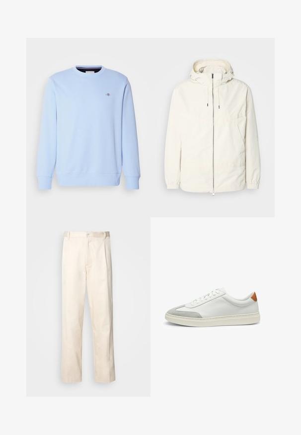 Lightweight, cream-colored jacket with a hood, zip front, elastic cuffs, and a kangaroo pocket. Smooth fabric with minimal stitching details.; Light blue sweatshirt made of soft fabric, featuring a round neck, long sleeves, and a small logo on the chest. Ribbed cuffs and hem.; Beige cotton trousers with a straight-leg cut, featuring a button closure and pleats at the front for added detail.; White leather sneakers with gray suede accents and a tan leather heel tab. Features a textured surface and lightweight sole.