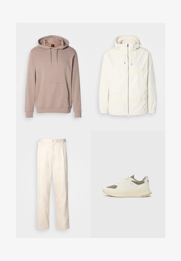 Veste légère de couleur crème avec capuche, fermeture éclair sur le devant, poignets élastiques et poche kangourou. Tissu lisse avec des détails de couture minimaux.; Sweat à capuche brun clair avec poche avant et cordons, arborant un petit patch logo carré sur la poitrine.; Pantalon en coton beige avec une coupe droite, présentant une fermeture à bouton et des plis sur le devant pour plus de détails.; Basket de sport blanche et beige clair, avec une tige en maille, des détails perforés et une semelle intermédiaire texturée avec un logo sur le talon.