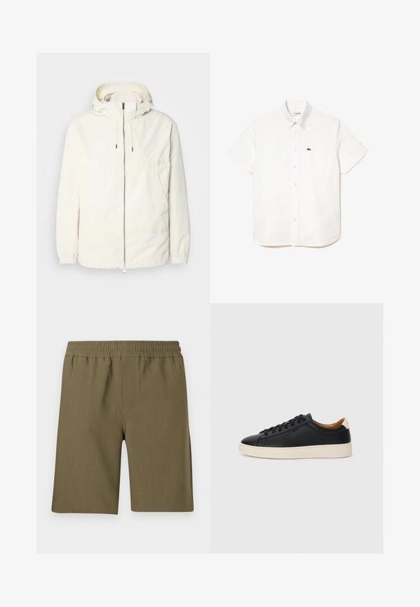 Veste légère de couleur crème avec capuche, fermeture éclair sur le devant, poignets élastiques et poche kangourou. Tissu lisse avec des détails de couture minimaux.; Chemise en coton blanc à manches courtes avec un col boutonné, dotée d'une poche poitrine et d'un petit logo de crocodile vert sur le côté gauche.; Samsøe Samsøe SMITH - Short - four leaf clover; Baskets en cuir noir avec une texture lisse, semelle en caoutchouc beige, design à lacets et accent de talon contrasté.