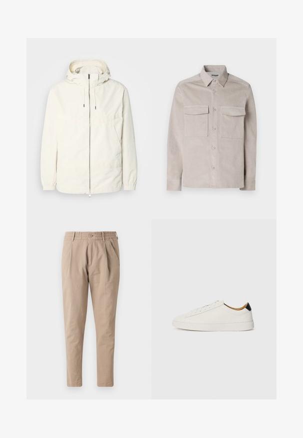 Veste légère de couleur crème avec capuche, fermeture éclair sur le devant, poignets élastiques et poche kangourou. Tissu lisse avec des détails de couture minimaux.; Chemise en velours côtelé beige clair avec un devant à boutons, deux poches poitrine et un col classique. Dispose d'un tissu texturé et de poignets standards.; Pantalons en coton beige avec une coupe décontractée, taille élastique, fermeture à bouton et poches latérales. Texture lisse, conception à jambes fuselées.; Baskets blanches avec un cuir lisse, bout rond et semelle plate. Accent noir au niveau du talon, avec des lacets ton sur ton et un branding minimal.
