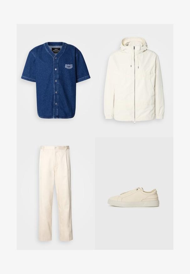 Lengvas, kreminės spalvos švarkas su kapišonu, užtrauktuku priekyje, elastingomis rankovėmis ir kengūros kišene. Lygus audinys su minimaliais siūlių detalėmis.; Trumpas rankovėmis, mygtukais užsegamas marškiniai iš tamsiai mėlynos džinsinės medžiagos su klasikinio tipo apykakle ir baltu siuvinėjimu ant kairiojo krūtinės kampo.; Bežinės medvilninės kelnės su tiesiu kirpimu, turinčios mygtuko uždarymą ir priekyje raukšles papildomai dekoratyviam akcentui.; Kreminio odos sportbačiai su apvaliu nosiu, minimalistiniu dizainu, subtiliomis siuvimo detalėmis ir tekstūrine viršutine dalimi, ant šviesios pado.