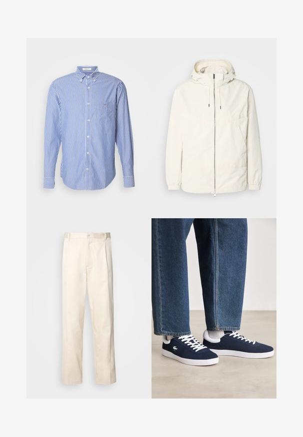 Giacca leggera di colore crema con cappuccio, chiusura frontale con zip, polsini elastici e tasca a marsupio. Tessuto liscio con dettagli di cucitura minimi.; Camicia a righe blu e bianche con bottoni, maniche lunghe, colletto e taschino sul lato sinistro del petto. Il tessuto ha una texture liscia.; Pantaloni in cotone beige con taglio dritto, dotati di chiusura a bottone e pence sul davanti per un tocco di dettaglio in più.; Sneakers in tela blu con stringhe bianche e suole in gomma, esposti con pantaloni in denim e calze a coste grigie, su una superficie grigia chiara.