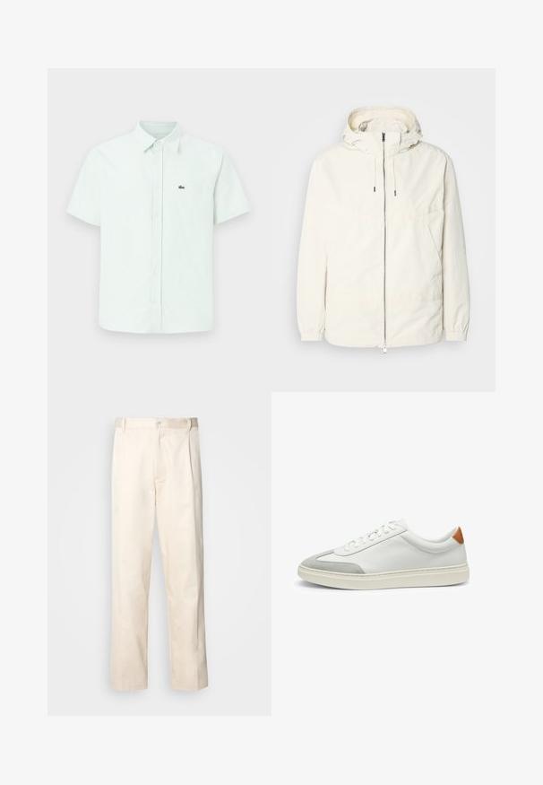 Giacca leggera di colore crema con cappuccio, chiusura frontale con zip, polsini elastici e tasca a marsupio. Tessuto liscio con dettagli di cucitura minimi.; Camicia a maniche corte con bottoni di colore verde chiaro, con righe verticali bianche e una tasca sul petto. Presenta un colletto e il logo Lacoste.; Pantaloni in cotone beige con taglio dritto, dotati di chiusura a bottone e pence sul davanti per un tocco di dettaglio in più.; Sneakers bianchi in pelle con accenti in suede grigio e un tallone in pelle beige. Presentano una superficie testurizzata e una suola leggera.