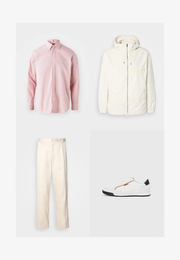 Ľahká, krémová bunda s kapucňou, zipsom vpredu, elastickými manžetami a klokannou vreckom. Hladká tkanina s minimálnymi stehovými detailmi.; Rúžová košeľa s dlhým rukávom na gombíky vyrobená z bavlny. Má klasický golier, predné zapínanie na gombíky a jemne vyšívané logo.; Béžové bavlnené nohavice so strihom rovného nohu, s gombíkovým zapínaním a záhybmi vpredu pre pridanie detailu.; Biele športové topánky s akcentmi z korku a kože. Obsahujú zlaté logo "BOSS", textúrované bočné panely a čierny pätník. Gumová podrážka.