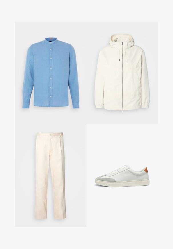 Chaqueta ligera de color crema con capucha, cierre de cremallera en la parte delantera, puños elásticos y un bolsillo tipo canguro. Tejido suave con detalles de costura mínimos.; Camisa de manga larga azul claro con cuello de banda, cierre frontal con botones y pequeños botones blancos; confeccionada en una tela suave y texturizada.; Pantalones de algodón beige con corte recto, que cuentan con un cierre de botón y pliegues en la parte frontal para un detalle adicional.; Zapatillas de cuero blanco con acentos de ante gris y un refuerzo de cuero marrón claro en el talón. Presentan una superficie texturizada y una suela ligera.