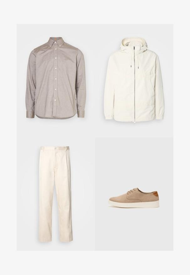 Chaqueta ligera de color crema con capucha, cierre de cremallera en la parte delantera, puños elásticos y un bolsillo tipo canguro. Tejido suave con detalles de costura mínimos.; Camisa de botón de color marrón claro con cuello, mangas largas y botones blancos. Presenta una textura sutil y un logotipo bordado en el lado izquierdo del pecho.; Pantalones de algodón beige con corte recto, que cuentan con un cierre de botón y pliegues en la parte frontal para un detalle adicional.; Zapatillas de ante beige con puntera redondeada, cordones en la parte delantera y un acento texturizado en la parte trasera. La suela de goma blanca proporciona contraste. Diseño sencillo y moderno.