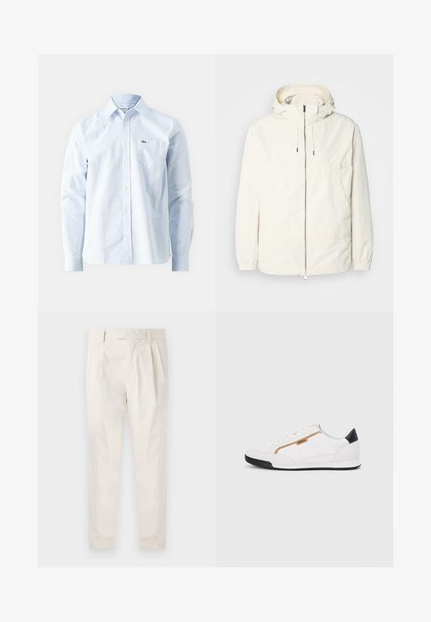 Lichte, crèmekleurige jas met een capuchon, rits aan de voorkant, elastische manchetten en een kangoeroezak. Glad materiaal met minimale stikdetails.; Lichtblauw gestreept overhemd van katoen, met een button-down kraag, lange mouwen en een klein geborduurd logo op de borstzak.; Witte, geplooide broeken met een getailleerde pasvorm, met een gladde textuur, riemlussen en taps toelopende benen. Geen zichtbare zakken of patronen.; Witte sportieve schoenen met gaas- en lederen accenten. Voorzien van een gouden "BOSS" logo, gestructureerde zijpanelen en een zwarte hakkap. Rubberen zool.