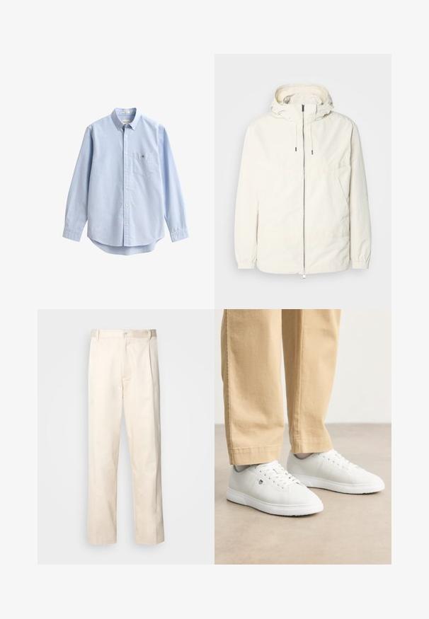 Ľahká, krémová bunda s kapucňou, zipsom vpredu, elastickými manžetami a klokannou vreckom. Hladká tkanina s minimálnymi stehovými detailmi.; Svetlomodrá košeľa na zapínanie vyrobená z bavlny. Má náprsné vrecko, dlhé rukávy a klasický golier. Hladká textúra s zaobleným spodným okrajom.; Béžové bavlnené nohavice so strihom rovného nohu, s gombíkovým zapínaním a záhybmi vpredu pre pridanie detailu.; Biele kožené tenisky s hladkým povrchom, s okrúlym špičkou, šnurovaním a jemným logom na boku, skombinované s béžovými nohavicami.