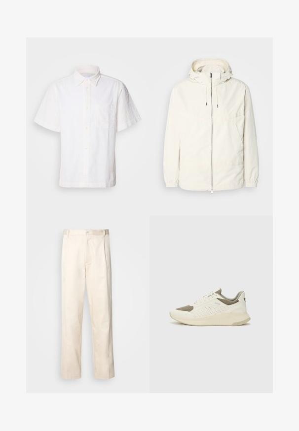 Könnyű, tejszínszínű dzseki kapucnival, cipzáras elülső résszel, rugalmas mandzsettákkal és kenguruzsebbel. Simaszerű anyag minimális varrási részletekkel.; Rövid ujjú fehér ing texturált mintával, gombos elülső résszel, gallérral és egyetlen mellzsebbel. Könnyű anyagból készült.; Beige pamut nadrág egyenes szárú kivágással, gombos záródással és elülső redőkkel a részletek fokozása érdekében.; Fehér és világos bézs sportcipő, légies hálós felsőrésszel, perforált részletekkel és texturált középtalppal, amelyen a saroknál a márka logója található.