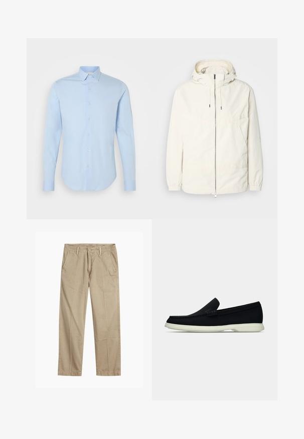 Gaisas, krēmkrāsas jaka ar kapuci, ar rāvējslēdzēju priekšpusē, elastīgām aprocēm un kangaroo kabatu. Gluda auduma virsma ar minimālām šuvju detaļām.; Gai zila garām piedurknēm pogas krekls ar klasisku apkakli, noapaļotu apakšmalu un perlveida pogām. Gluda kokvilnas auduma, pielāgota piegriezuma.; Beigās taisnās kājas chinos bikses ar jostas cilpām, priekšējo pogu un rāvējslēdzēja aizdari, kā arī slīpām priekšējām kabatām.; Melna slīdnešuve ar noapaļu purngalu, ar teksturētu augšdaļu, gludu baltu zoli un diskrētu zīmola detalizāciju sānos.