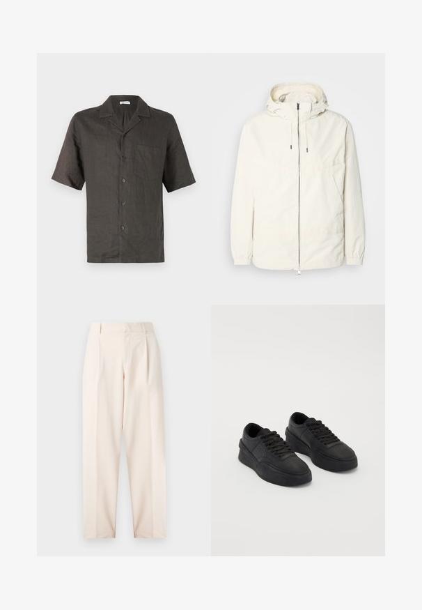 Lengvas, kreminės spalvos švarkas su kapišonu, užtrauktuku priekyje, elastingomis rankovėmis ir kengūros kišene. Lygus audinys su minimaliais siūlių detalėmis.; Tamsiai pilkos lininės trumpomis rankovėmis, su apykakle, marškiniai, su krūtinės kišenėle ir priekiu su mygtukais. Lygus audinys, laisvas kirpimas.; Bežiniai pritaikyti kelnių su didele juosmeniu, klostėmis ir tiesiu kojų dizainu. Pagaminti iš lygaus audinio, su šoninėmis kišenėmis ir švariu apdaila.; Juodi sportbačiai, pagaminti iš lygaus odos, su paminkštintu padu. Ypatybės: plokščios raišteliai, perforacijos ant pirštų srities ir elegantiška siluetas.