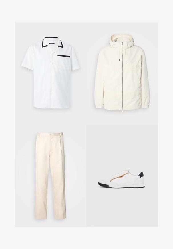 Giacca leggera di colore crema con cappuccio, chiusura frontale con zip, polsini elastici e tasca a marsupio. Tessuto liscio con dettagli di cucitura minimi.; Camisetta bianca a maniche corte in tessuto, con colletto nero e finiture sulla tasca, chiusura frontale a bottoni e un design pulito e minimal.; Pantaloni in cotone beige con taglio dritto, dotati di chiusura a bottone e pence sul davanti per un tocco di dettaglio in più.; Scarpe sportive bianche con accenti in rete e pelle. Presentano un logo dorato "BOSS", pannelli laterali testurizzati e un copri tallone nero. Suola in gomma.