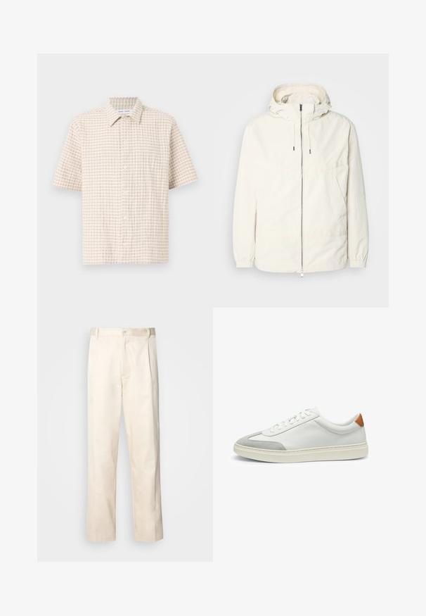 Kevyt, kermaisen valkoinen takki, jossa on huppu, vetoketjusuljenta, joustavat hihansuut ja kengurupocket. Sujuva kangas, jossa on minimaalista ompelutapaa.; Lyhythihainen, vaaleanbeige paita, jossa on pehmeästä ruskeasta koostuva ruutukuosi, nappisuljenta ja klassinen kaulus. Sileä kankaan texture.; Vaaleanbeige puuvillahousut, joissa on suora lahje, varustettu nappisulkeisella ja etupuolella olevilla laskoksilla lisäyksinä.; Valkoiset nahkakengät, joissa on harmaat mikrokuituakkentit ja vaaleanruskea nahkakanta. Ominaisuuksiin kuuluu teksturoitu pinta ja kevyt pohja.