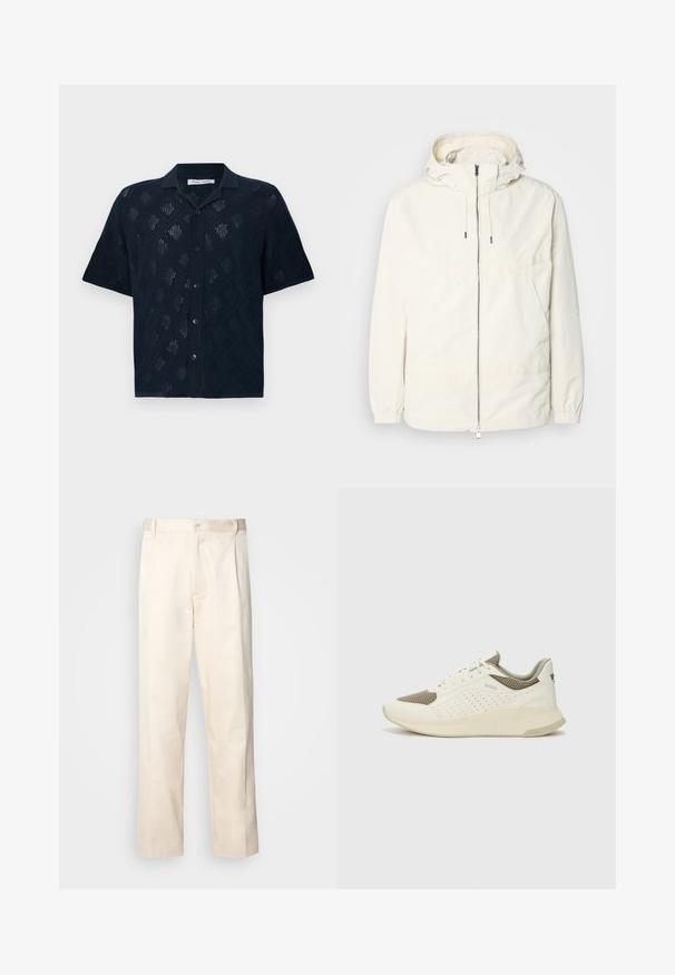 Chaqueta ligera de color crema con capucha, cierre de cremallera en la parte delantera, puños elásticos y un bolsillo tipo canguro. Tejido suave con detalles de costura mínimos.; Camisa de manga corta en color navy con un patrón de diamantes y textura de tejido abierto, cinco botones en la parte delantera y diseño con cuello.; Pantalones de algodón beige con corte recto, que cuentan con un cierre de botón y pliegues en la parte frontal para un detalle adicional.; Zapatilla deportiva en blanco y beige claro, con parte superior de malla, detalles perforados y una mediasuela texturizada con la marca en el talón.