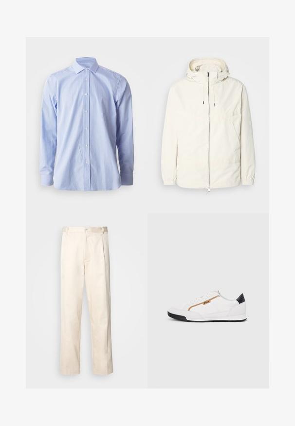 Lengvas, kreminės spalvos švarkas su kapišonu, užtrauktuku priekyje, elastingomis rankovėmis ir kengūros kišene. Lygus audinys su minimaliais siūlių detalėmis.; Mėlyna ir balta dryžuota marškinių palaidinė, ilgos rankovės, sagų užsegimas priekyje, smailus apykaklė, medvilnės audinys, lygus paviršius, klasikinio kirpimo dizainas.; Bežinės medvilninės kelnės su tiesiu kirpimu, turinčios mygtuko uždarymą ir priekyje raukšles papildomai dekoratyviam akcentui.; Balti sportiniai bateliai su tinklinėmis ir odinėmis detalėmis. Yra auksinė "BOSS" logotipas, tekstūruoti šonai ir juodas kulno dangtelis. Guminis padas.