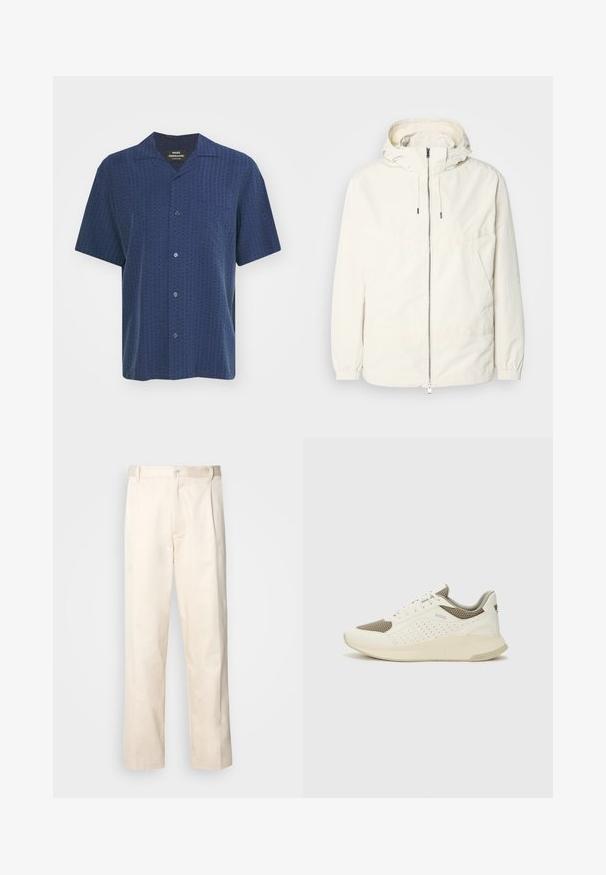 Lengvas, kreminės spalvos švarkas su kapišonu, užtrauktuku priekyje, elastingomis rankovėmis ir kengūros kišene. Lygus audinys su minimaliais siūlių detalėmis.; Tamsiai mėlyna trumpų rankovių marškinėliai su tekstūruotu raštu, mygtukų užsegimu ir stovyklos apykakle. Turi vieną krūtinės kišenę ir lygią medžiagą.; Bežinės medvilninės kelnės su tiesiu kirpimu, turinčios mygtuko uždarymą ir priekyje raukšles papildomai dekoratyviam akcentui.; Baltas ir šviesiai bežinis sportinis kedas, su tinklo viršumi, perforuotais detalėmis ir tekstūruotu tarpine su logotipu ant kulno.